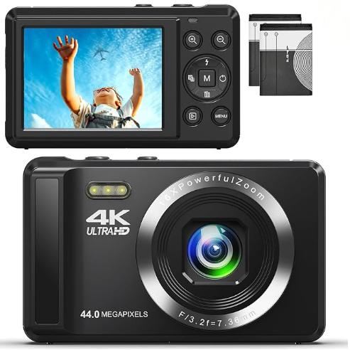 デジカメ4Kデジタルカメラ コンパクトカメラ 30FPS 44MP YouTubeカメラAFオートフォーカス 2.4インチ 充電式 16倍デジタルズーム 初心者向けクリスマスポケットカメラ子供用誕生日 軽量 携帯便利 日本語説明書 予備バッテリー付き4400万画素数 ブラック