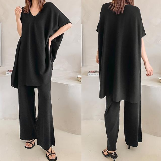 女性に大人気【2点SET】リラックス感漂う ドルマンスリーブVネックユル感Tシャツ+無地ハイウエストカジュアルパンツセット