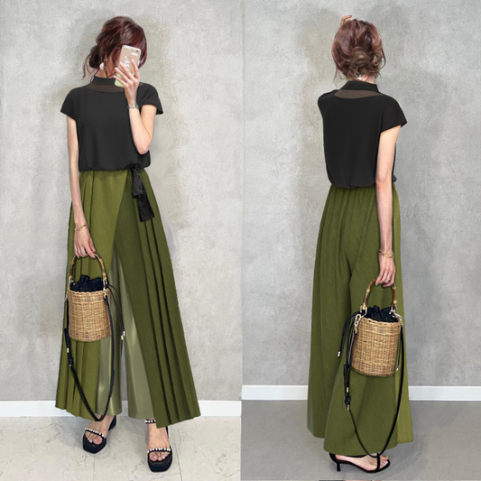 気質アップ シンプル 半袖 ボウタイ Tシャツ パンツ プリーツ 配色 2点セット 今季コーデ