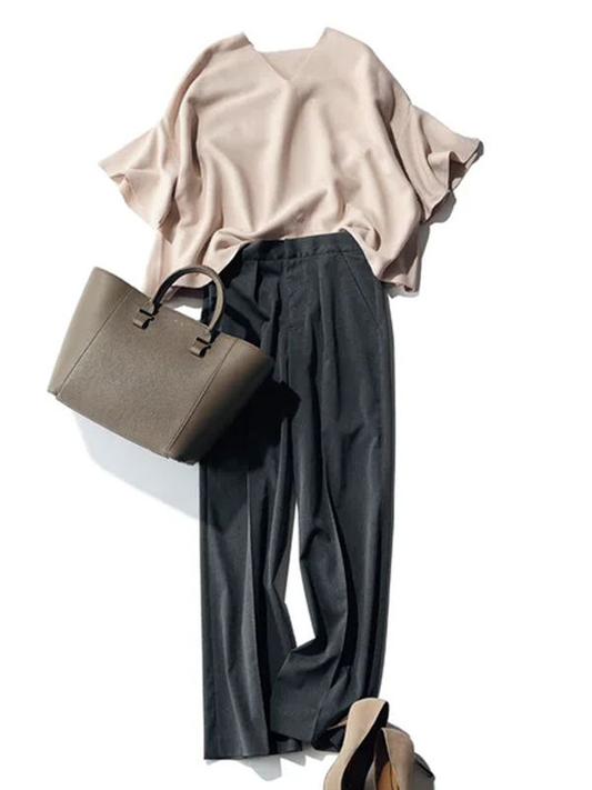 2点セット Vネック フレア袖 トップス + レギュラーウエスト ポケット付き ガウチョパンツ