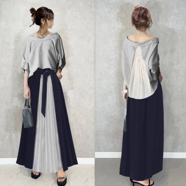 オフィスカジュアル 配色 オフショルダー 五分袖 Tシャツ+ハイウエスト Aライン スカート 2点セット