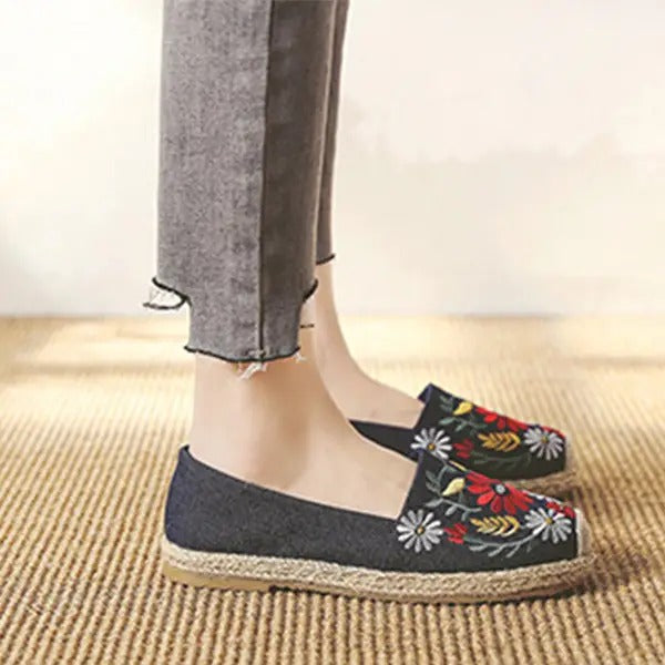 【エスパドリーユ】民族風 美しい花刺繍 通気性抜群 吸汗 快適なフラットシューズ