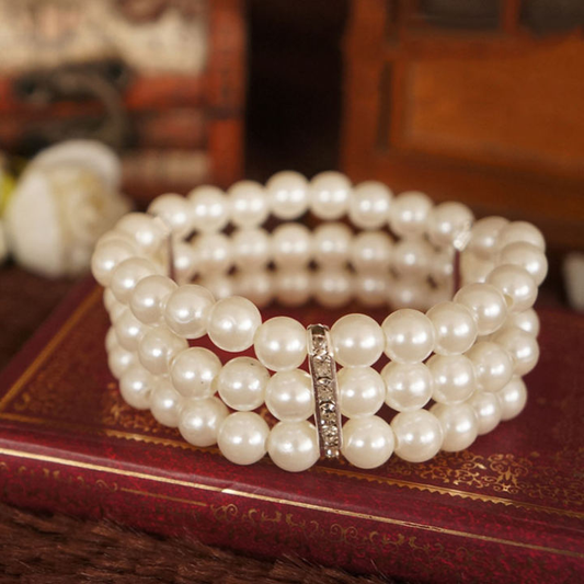 パールとラインストーン装飾弾性ブレスレット フリーサイズ