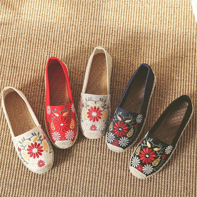 【エスパドリーユ】民族風　美しい花刺繍　通気性抜群　吸汗　快適なフラットシューズ