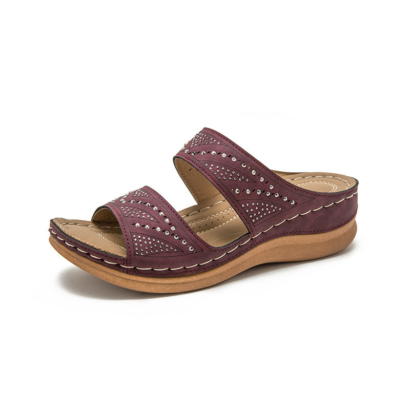 【本革ウェッジサンダル】 美脚効果 女性の足を優しく守る 柔らかな牛革 快適な5cmヒール 通気透湿インソール 防滑ゴムソール