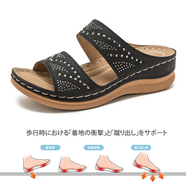 【本革ウェッジサンダル】 美脚効果 女性の足を優しく守る 柔らかな牛革 快適な5cmヒール 通気透湿インソール 防滑ゴムソール