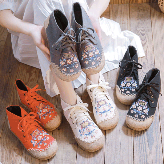 【刺繍カジュアルシューズ】刺繍　軽量　リネン　可愛い　快適　民族風シューズ